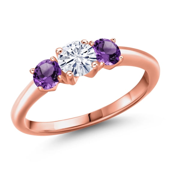 Gem Stone King 18K Rose Gold Plated Silver White Moissanite and Purple Amethyst Engagement Ring for Women | 1.00 Cttw | Round 5MM | Gemstone Birthstone | Size 5