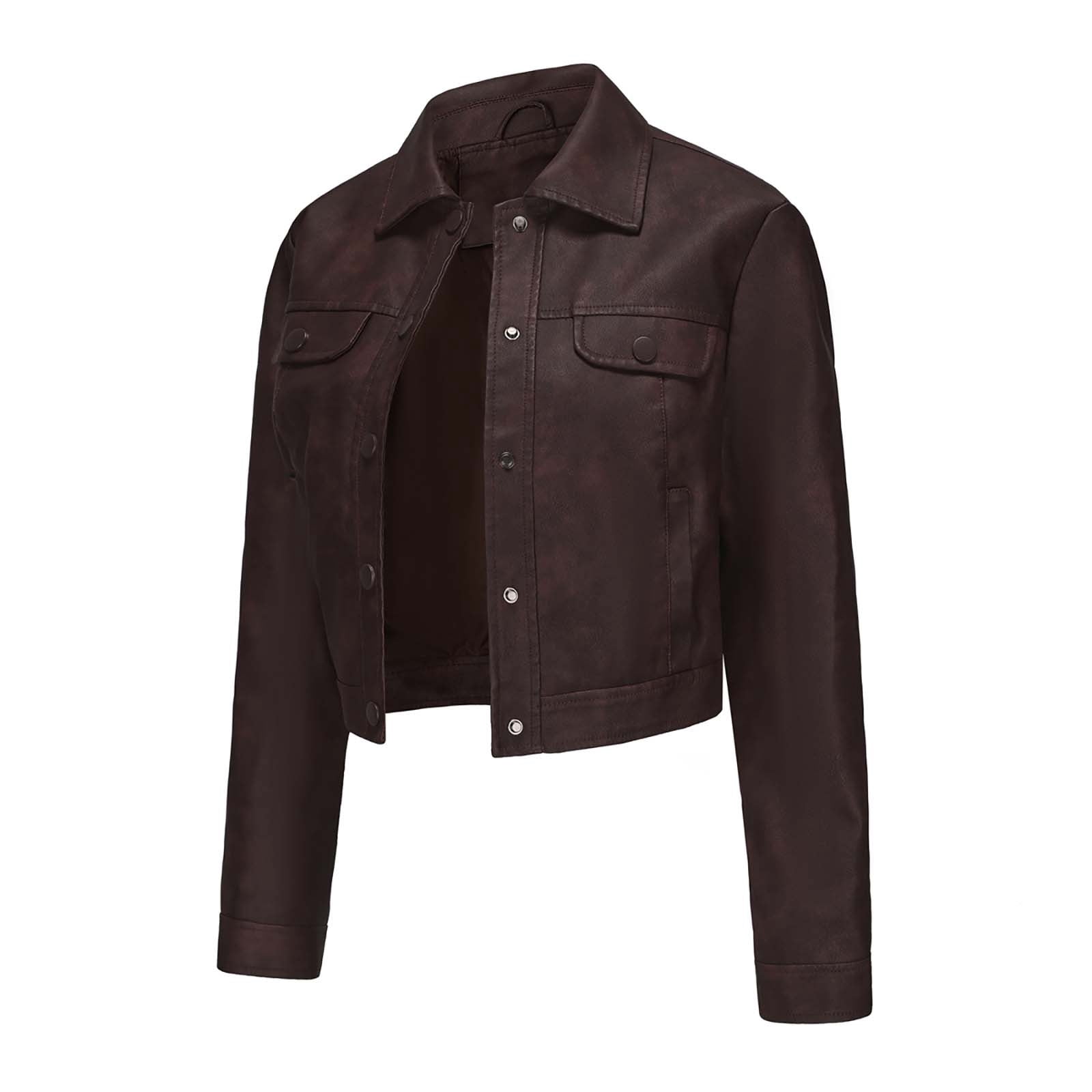 UTSJKR Womens Faux Leather Jacket 2024 Fashion Quilted Button Up Coat Motorcycle Short Biker Jackets Classic Y2k Cropped Coats Coffee S