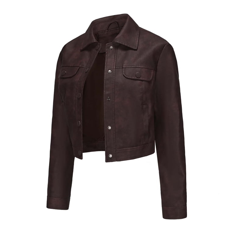 Chaoheng Ladies Jackets Lightweight Petite Tops Button Fashion Casual,Womens Solid Color Short Thin Leather Jacket Long Sleeved Casual Jacket(Coffee,L
