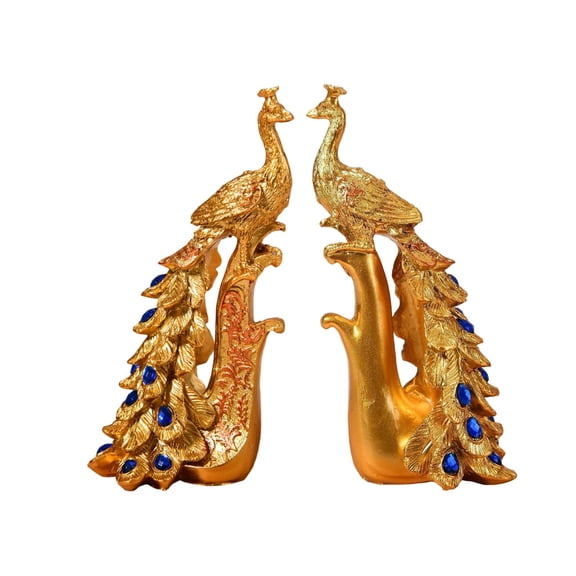 2 Pieces Resin Animal Peacock Statue Sculpture Gold Handpainted Art Decoration for Living Room Office Wedding