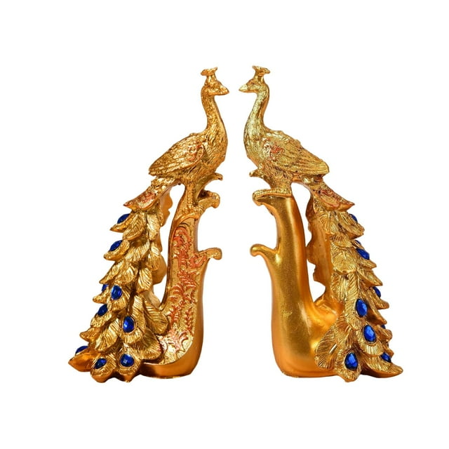Estatua de pavo real coleccionable, figura creativa de animal realista para jardín o boda. 1 par de oro