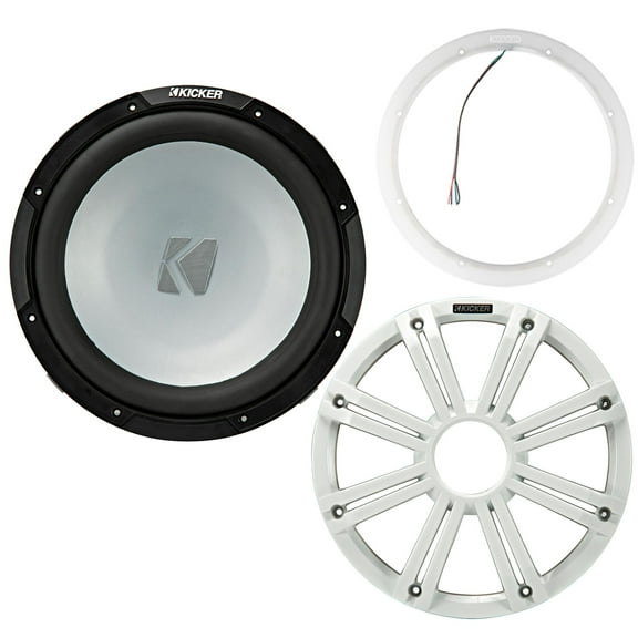 Kicker 45KM122 12 Inch Marine Subwoofer 2 Ohm White Grill with 47KLSR12 Led Lighted Speaker Ring