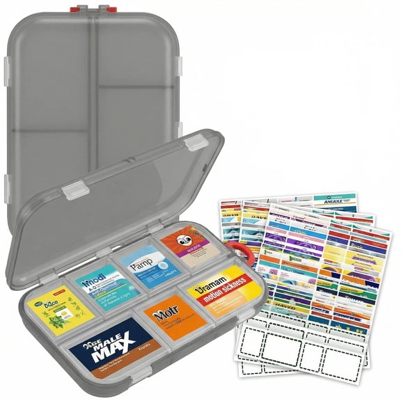 DIFELOP Pill Organizer Travel Pill Case with Labels - Large Daily Medicine Dispenser for Vitamins, Fish Oils & Supplements, BPA Free Portable Container for Travel & Home Use, Gray