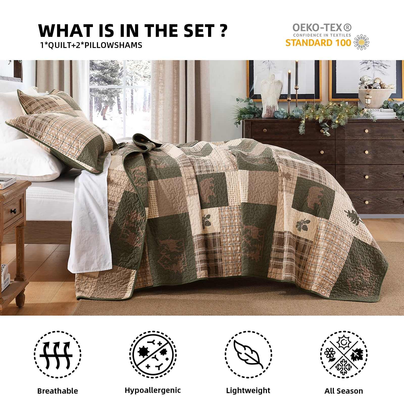 PANGUSHAN 100% Cotton King Quilt Set, Farmhouse Plaid King Size Quilt Bedding Set Bedspreads, Reversible Quilted Lightweight Comforter, Beige/Grayish Green/Brown Bed Spread for King Bed, 3pcs