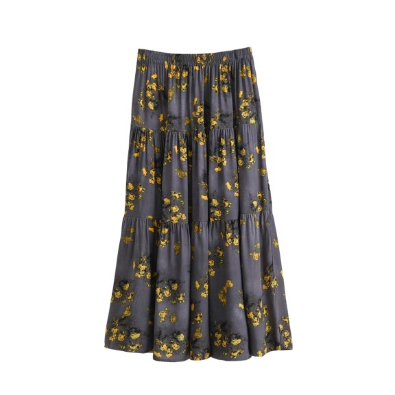 WRKEKC Flowy Skirts for Women Boho Floral Print Elastic Waist Beach Skirt with Ruffle Trim and Lightweight