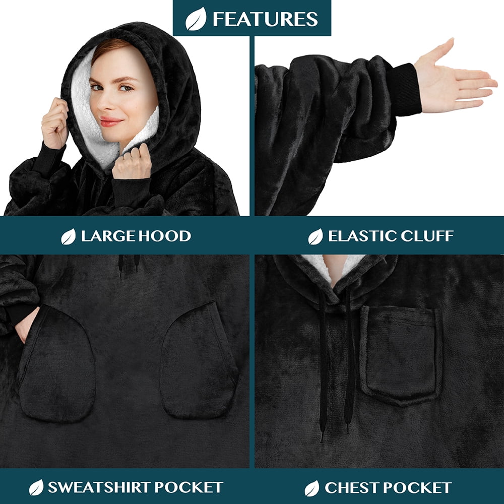 PAVILIA Blanket Hoodie for Women Black, Sherpa Wearable Blanket Men, Cozy Oversized Sweatshirt Blanket, Warm Fleece Hooded Blanket Sweater with Sleeves and Two Big Pocket, Black