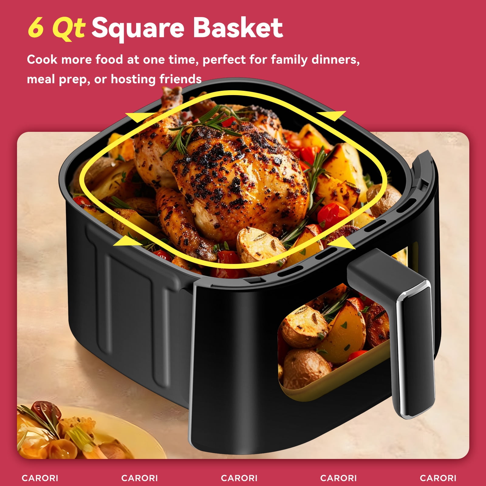 CARORI Air Fryer 14-in-1 with Viewing Window 6Qt Large Capacity, 392℉ Max Crisp, Airfryer No Flipping Dual Heating, Bake, Roast, Dehydrate, Reheat, 1700W Fast Even Easy Meals, Nonstick Dishwasher Saf