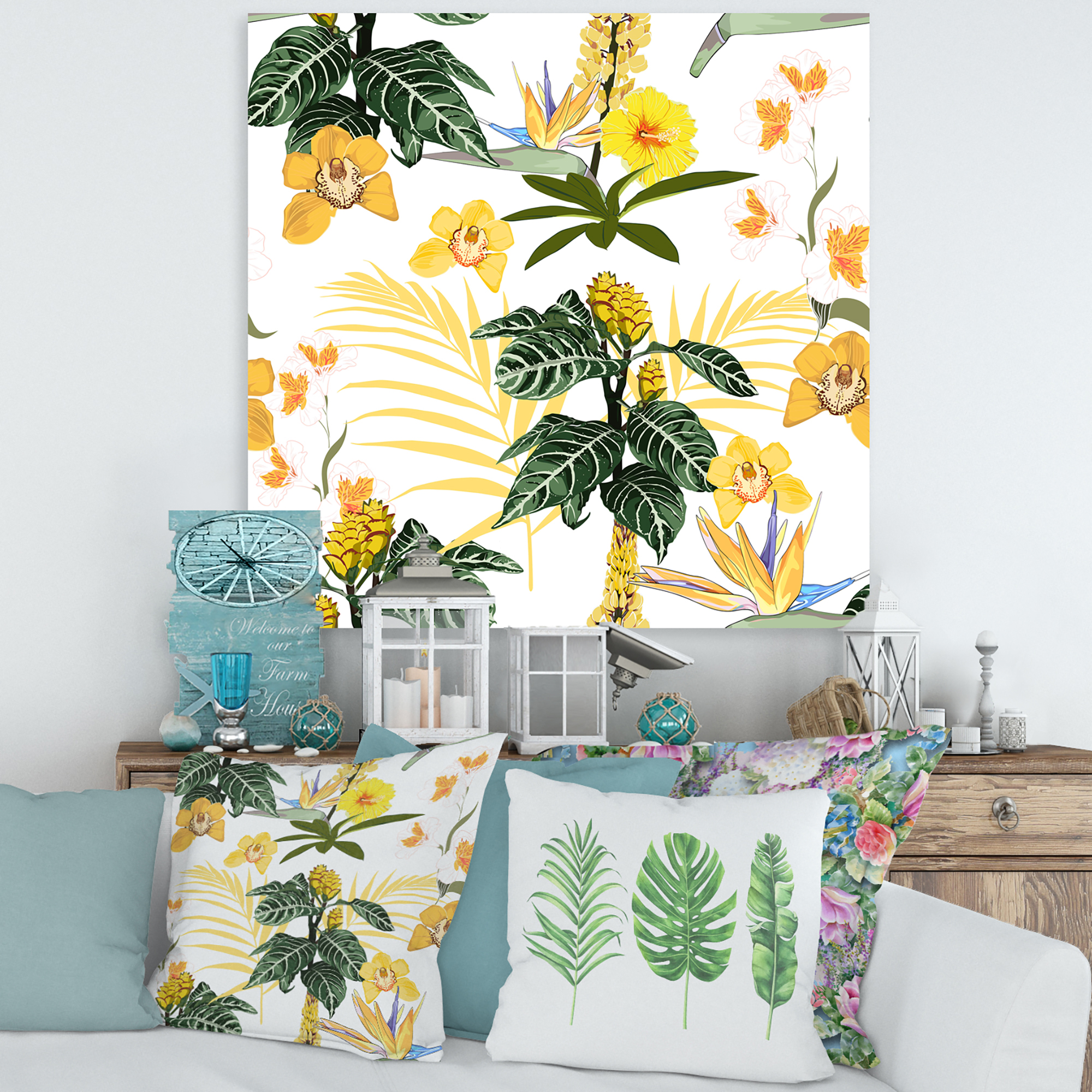 Pattern Of Beautiful Yellow Flowers 30 in x 30 in Painting Canvas Art Print, by Designart