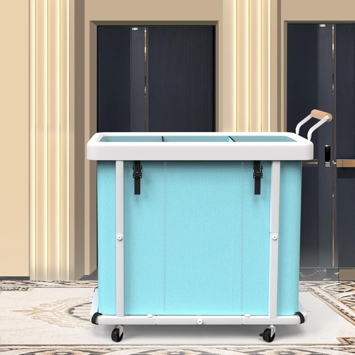 230L (60 Gal) Extra Large Fashion Laundry Sorter 3 Section with Lid, Rolling Laundry Basket Hamper with Handle, Laundry Organizer Storage Cart with Sturdy Metal Frame for Laundry Room,Hotel - Blue