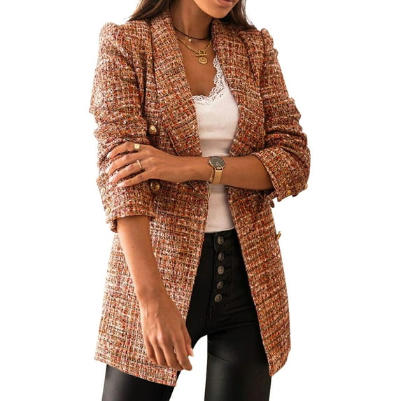 ManHanLi Women Plaid Double-Breasted Lapel Collar Button Down Long Sleeve Jacket