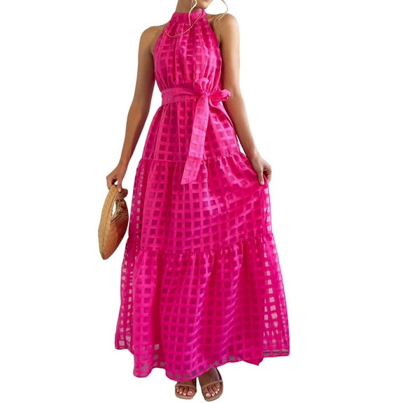 Women'S Summer Floral Maxi Sun Dress Sleeveless Halter Neck Flowy Ruffle Hem Long Boho Dresses with Belt Pink M