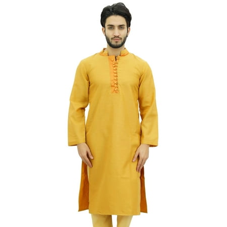 

Atasi Men s Kurta Pyjama Set Yellow Dupion Ethnic Bollywood Shirt-Large