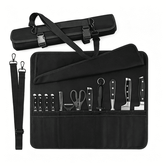 AOMRCOL Chef Knife Bag with 24 Slots Cutlery Knives Holders Protectors, Kitchen Travel Cooking Tools, Portable Canvas Knife Roll Storage Bag Chef Case for Camping Or Working with an Adjustable