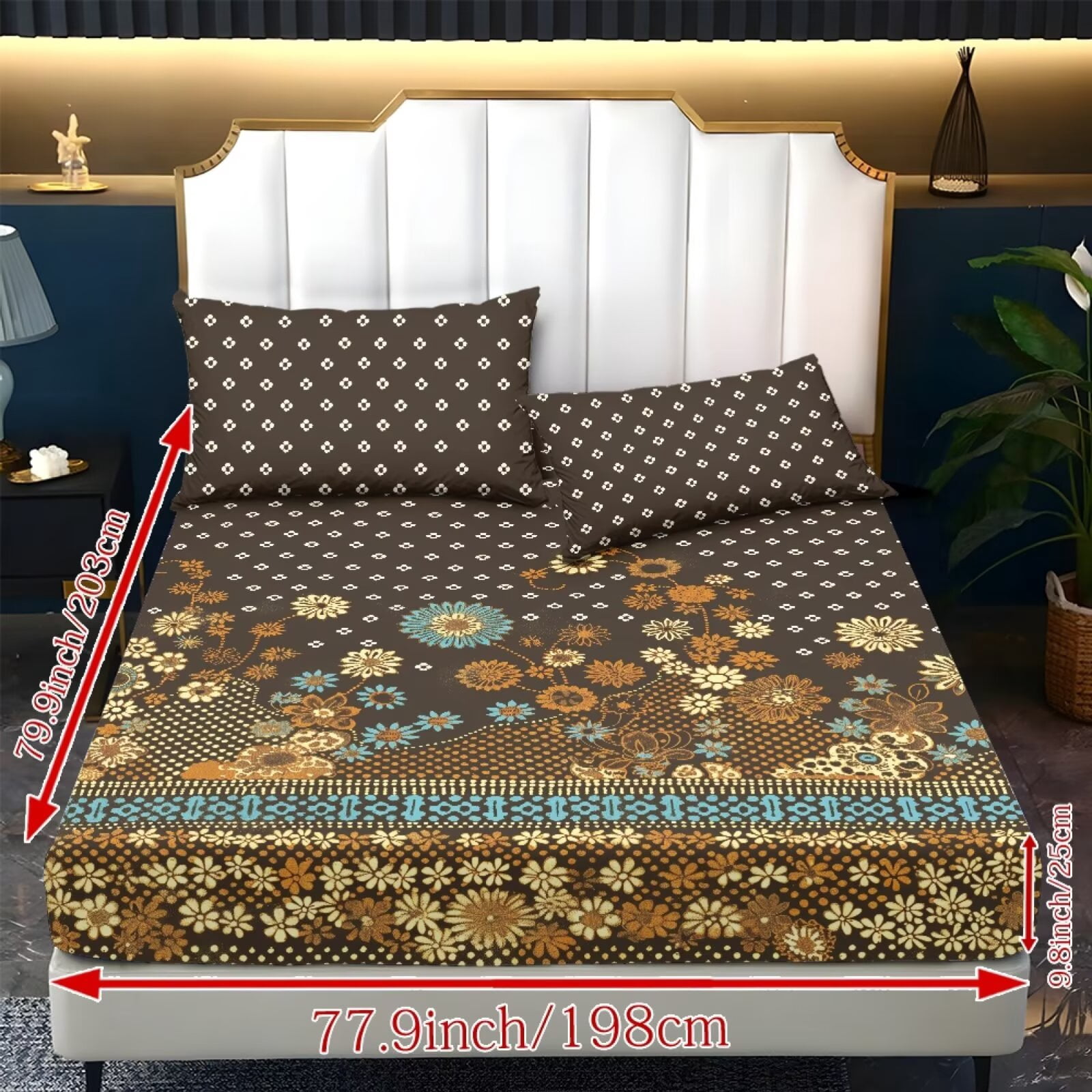 ZIATUBLES King Bed Sheets Set, 3-Piece Lightweight Comfy Bedding Set with Brown Vintage Floral Print, Soft Breathable Fitted Sheet with Elasticized 9.8" Pocket and 2 Pillowcases