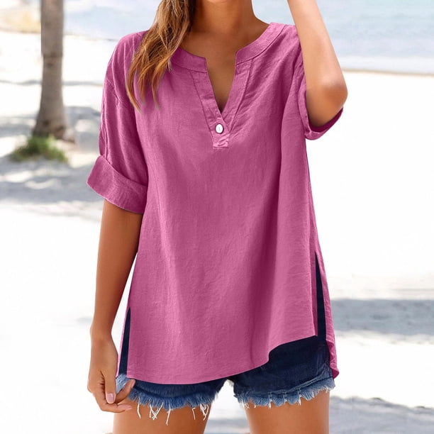 mfyjkho Tops Para Mujer, Blusa De Moda Para Mujer, Color Liso, De Imitación De Lino Y Lino, Con Mangas 3/4, Dobladillo Dividido, Cuello En V Y Botones Tops De Tallas Grandes Xxxxxl