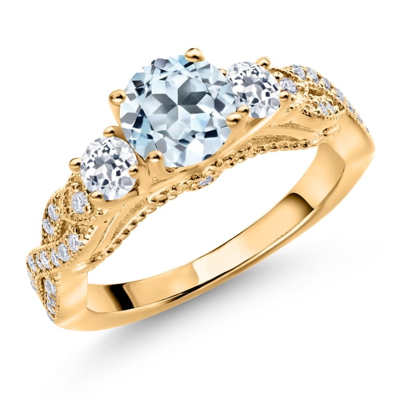 Gem Stone King 18K Yellow Gold Plated Silver Sky Blue Topaz White Topaz and White Moissanite Engagement Ring for Women (1.55 Cttw, Gemstone November Birthstone, Round 6MM and 3MM, Size 5)