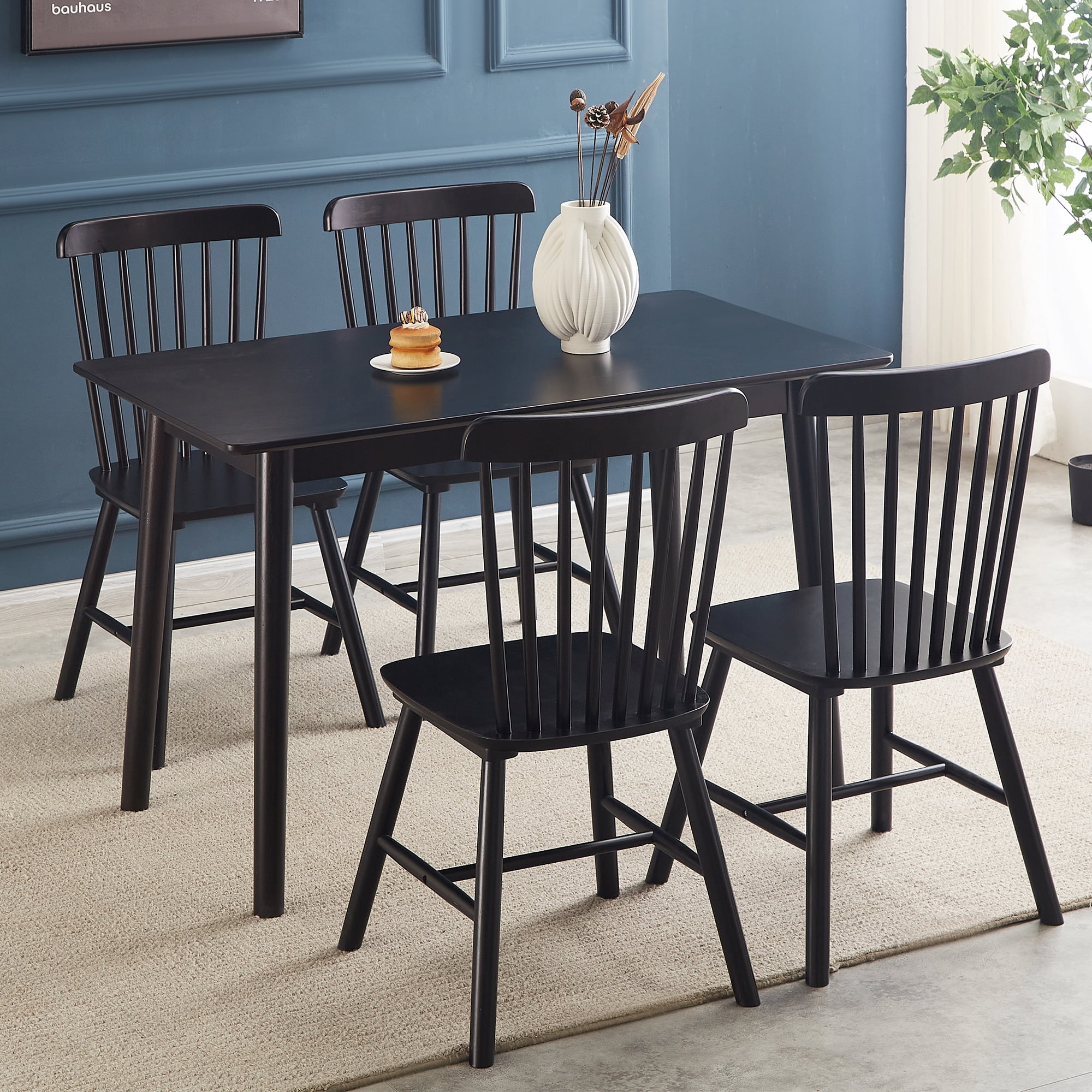 GARITIN Dining Chairs Set of 4, Solid Rubber Wood Kitchen Chairs with Curved Backrest and Rounded Edges for Dining Room, Black