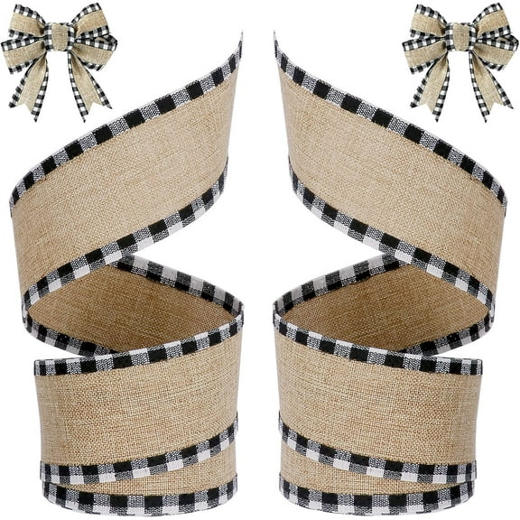 2 Rolls 12 Yards Buffalo Plaid Ribbons Burlap Wired Edge Plaid Ribbons 1.5 Inch Wide Check Gingham Fabric Craft Ribbon for Gift Wrapping DIY Bows Decoration Home Party Decor