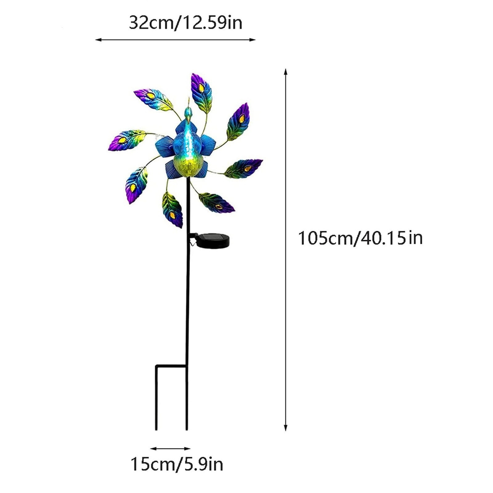Solar Peacock Windmill Light Outdoor Garden Decor with Spinning Metal Tail & Crack Glass Ball, Auto-On LED Solar Lamp for Yard Patio Pathway, IP65 Waterproof, 117cm Height, Warm White Lighting