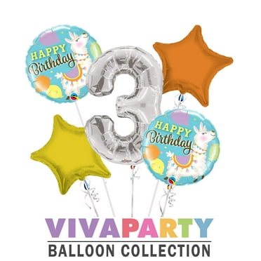 Happy Birthday Llama Round Balloon Bouquet 5 pc, 3rd Birthday, Silver Number 3 Jumbo Balloon | Viva Party Balloon Collection