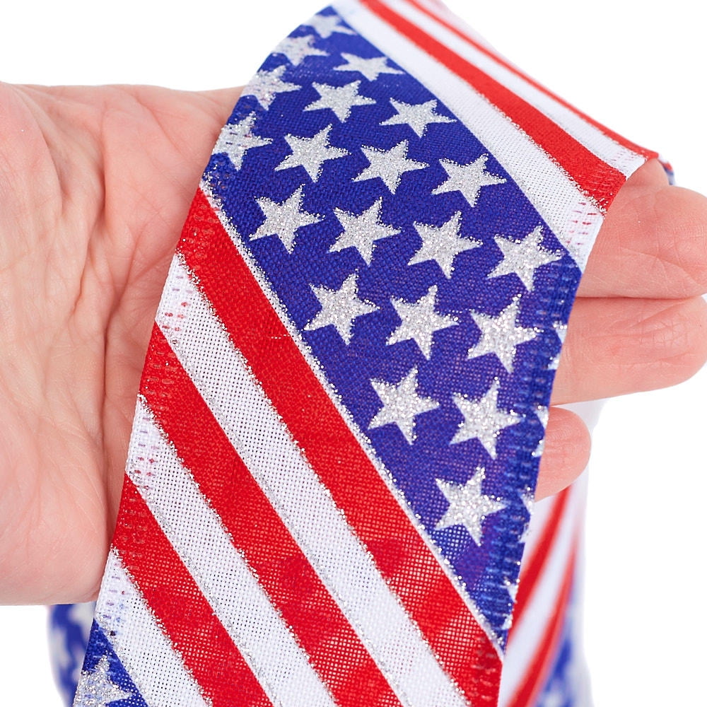 Red, White, and Blue Stars and Stripes Wired Edge Ribbon With Silver Glitter Accents - For 4th of July, Memorial Day, Veteran's Day and Everyday Decor