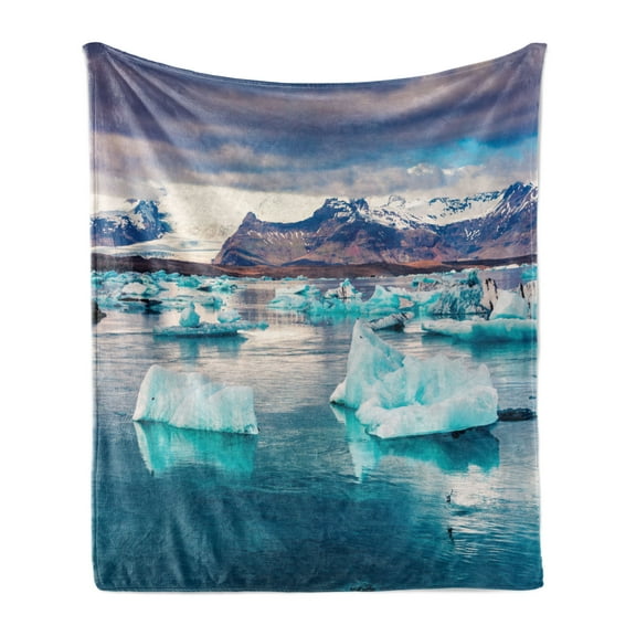 Iceland Soft Flannel Fleece Blanket, Floating Blue Icebergs in Jokulsarlon Glacial Lagoon Colorful Sunset in Vatnajokull, Cozy Plush for Indoor and Outdoor Use, 60" x 80", Multicolor, by Ambesonne