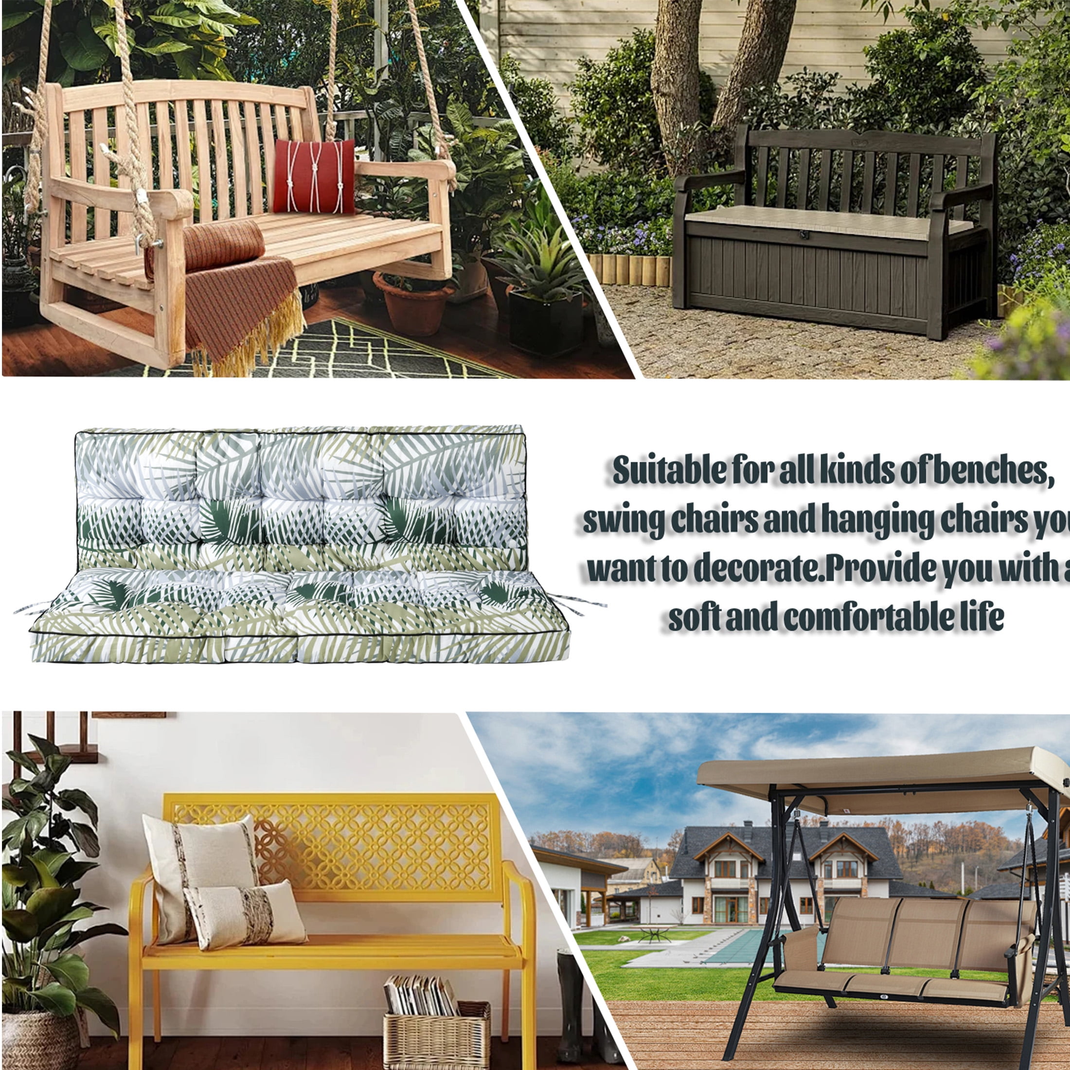 Porch Swing Cushion Thicken 4", 63" Swing Cushions 2-3 Seater Replacement, Waterproof Bench Cushions with Backrest, Anti-Fading Patio Swing Chair Pads for Outdoor Garden Furniture