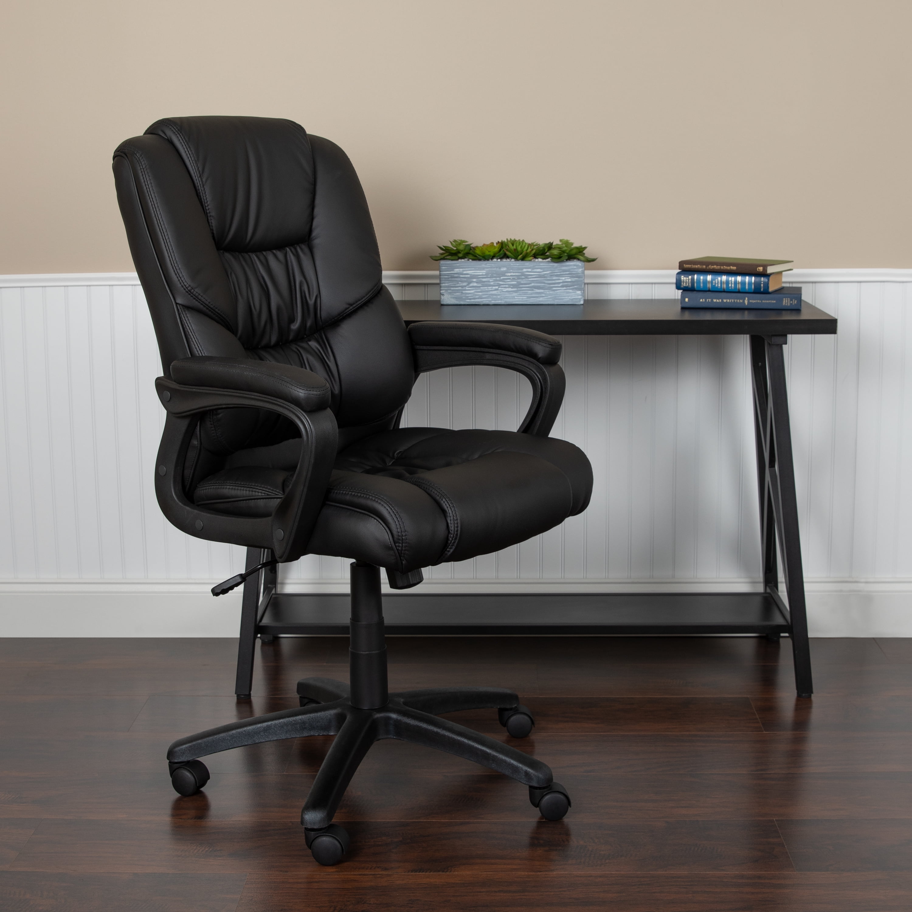 Black Ergonomic Leather Modern Desk Stool 400 LBS with Adjustable Footrest,Standing Desk Chair with Ribbed Mid Back Swivel Rolling Desk Stool. Drafting Chair Tall Office Chair 