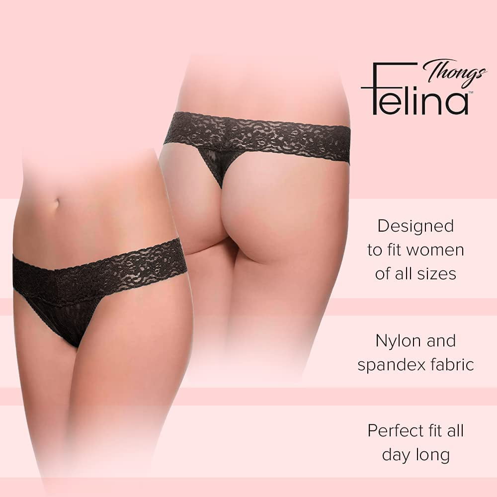 Felina Stretchy Lace Low Rise Thong - Sexy Underwear for Women, Thongs for  Women, Seamless Panties for Women (6-Pack) (Black to Basics, M/L) 