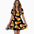 thumbnail image 2 of Candy Corn Pattern Halloween Women Dress V-Neck Short Sleeve Flowy Swing Party Midi Dress, 2 of 4