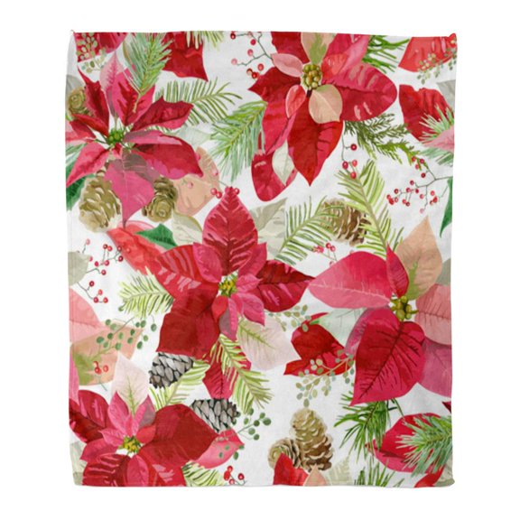 SIDONKU Throw Blanket Warm Cozy Print Flannel Branch Christmas Winter Poinsettia Flowers Floral Pattern in Celebration Comfortable Soft for Bed Sofa and Couch 58x80 Inches