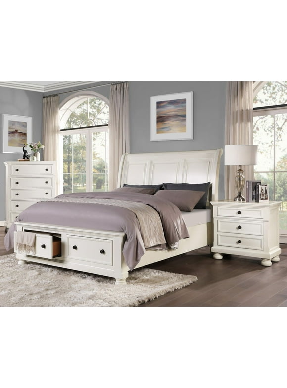 Classy White 3pc Bedroom King Platform Bed w Drawers Chest Nightstand Set Wooden Furniture Set