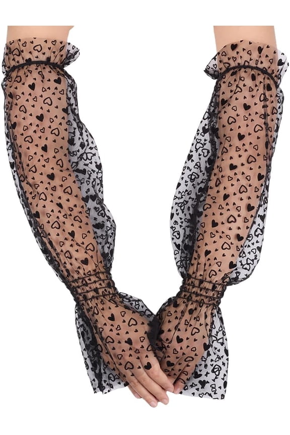 1 Pair Heart Mesh Puff Arm Sleeves Glove Black Sheer Summer Sun Protection Removable Detachable Breathable Tulle Puffy Lace Cover Sleeves Gloves for Women Wedding Dress Gowns Party Birthday