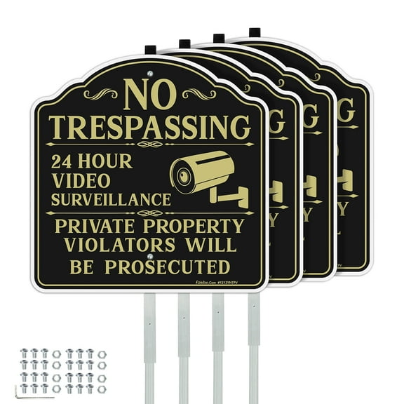 Faittoo No Trespassing Signs Private Property Video Surveillance Sign with 42" Stake, 4-Pack 12"x12" Rust Free Reflective Aluminum Sign