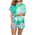 thumbnail image 2 of Aobny Cooling Fancy Women's Pajamas Green Spring Sleepwear Sets Tie-Dye Collared Short Sleeve Short Pants for Junior, 2 of 5