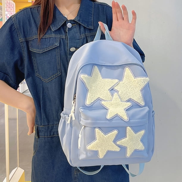 Linda mochila escolar para mujer con apliques de estrellas, bolsa de viaje al aire libre, color azul