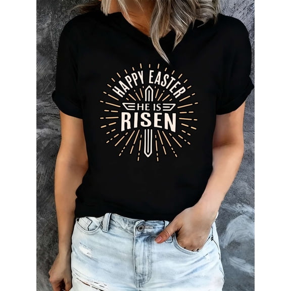 Women's Happy Easter He Is Risen Christian T-Shirt Retro Faith Cross Graphic Short Sleeve Casual Holiday Tee