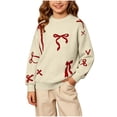 thumbnail image 2 of Winter Sweaters for Girl Cozy Thermal Long Sleeve Crew Neck Cute Bow Printed Pullover Sweater for Daily Casual Family Gathering Wear Beige 13-14 Years, 2 of 7