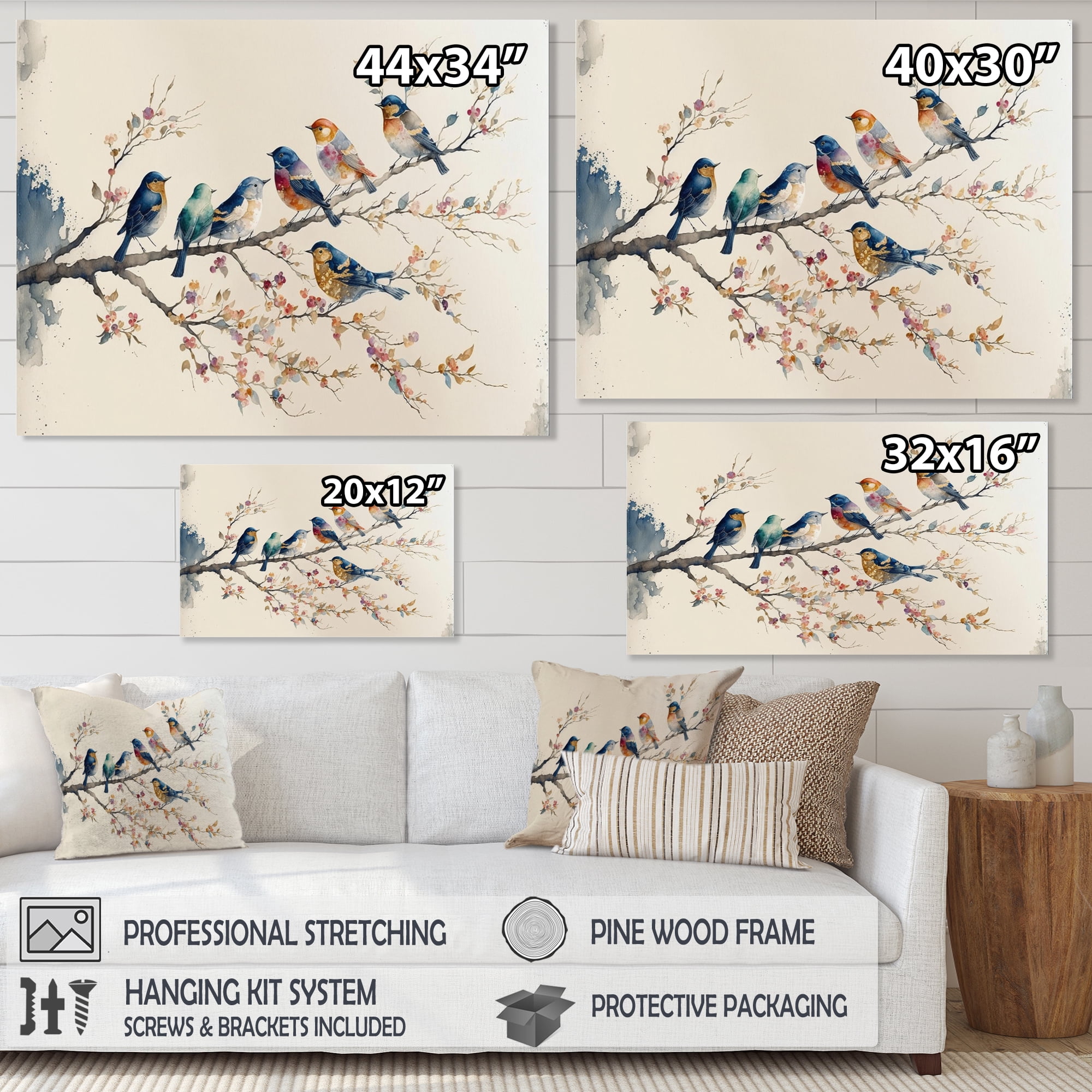Designart Multicolor Birds On Plum Blossoms Tree VIII Canvas Wall Art