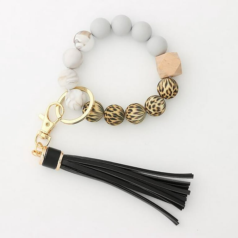 NIUREDLTD Home Decoration Silicone Key Ring Bracelet, Women Beaded Bangle  Keychain Wristlet Leather Tassel