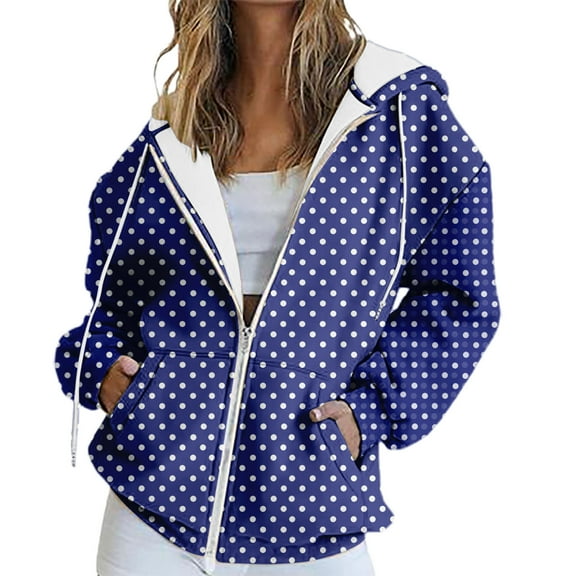 Women's Polka Dot Print Zip Up Drawstring Hooded Sweatshirt with Pockets, Long Sleeve Casual Comfortable Fashion Top for Autumn Winter Daily Wear, Beach Outings and All Season Blue L