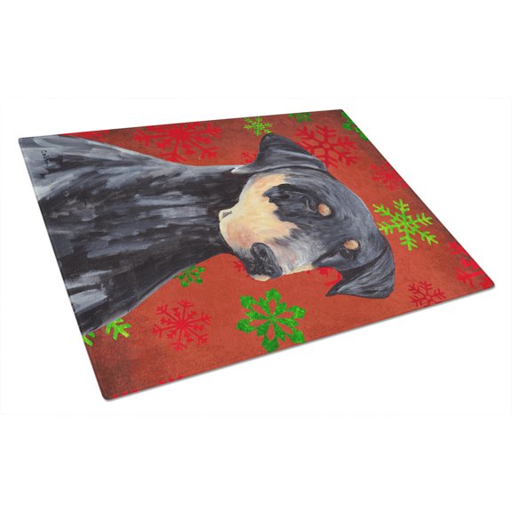 Carolines Treasures SC9417LCB Doberman Red and Green Snowflakes Holiday Christmas Glass Cutting Board Large 12H x 16W
