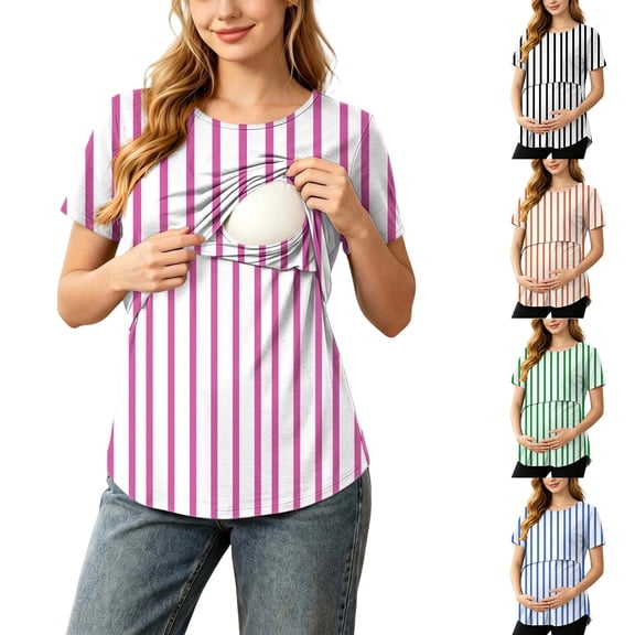WAGUTH Women's Maternity Nursing Tops Striped Double Layer Breastfeeding Shirt Short Sleeve Stretch Pregnancy Tunic Blouses,Pink,S