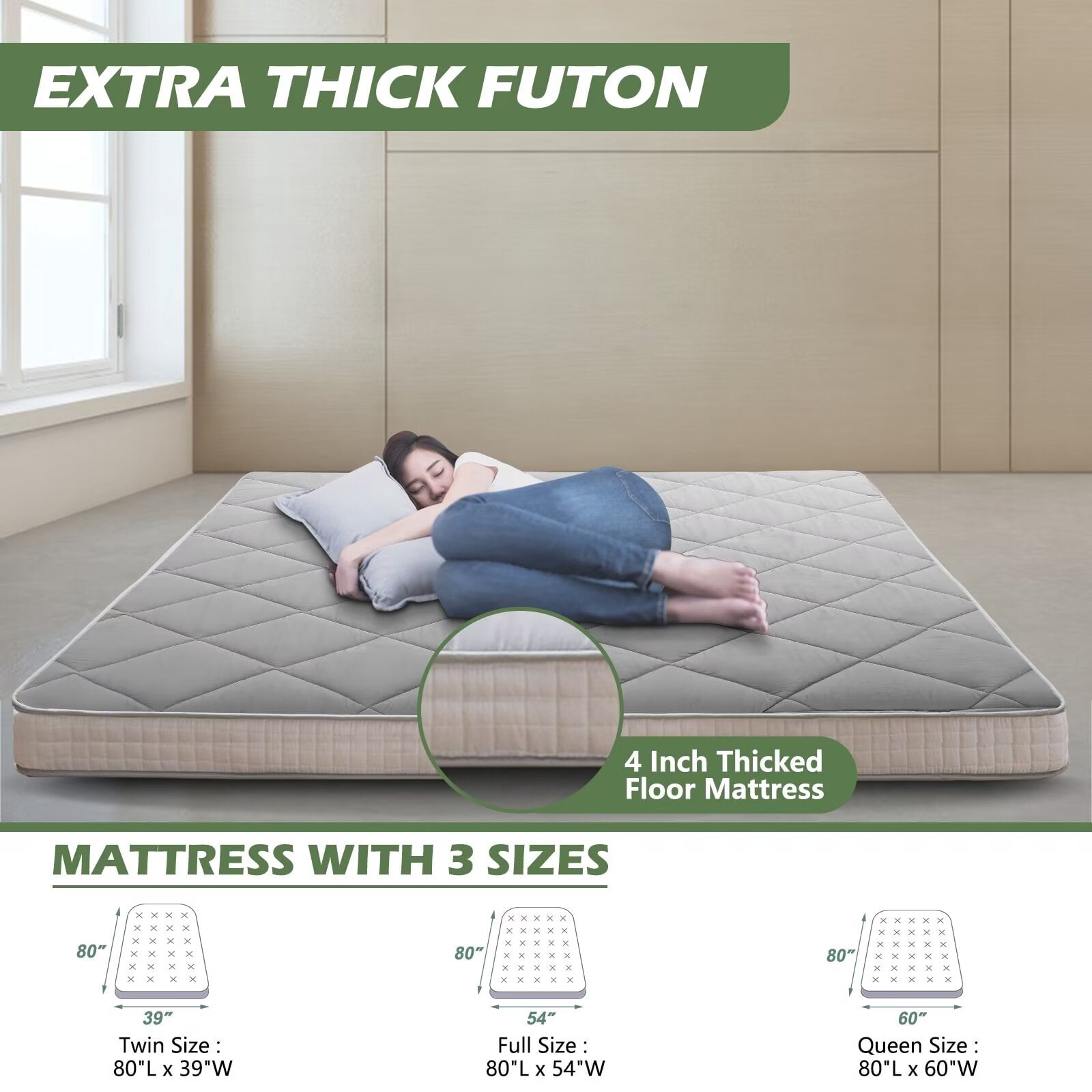 MOPHOTO Floor Mattress Futon Mattress Extra Thick Folding Sleeping Pad Portable Mattress Twin Size (80*39*4in)
