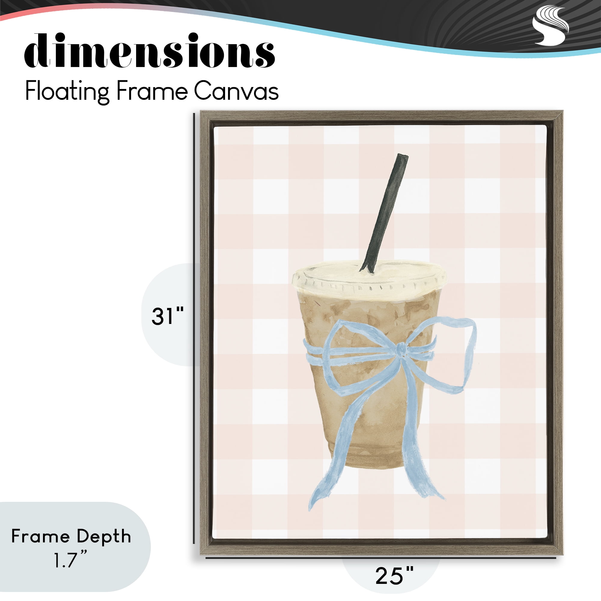 Stupell Industries Iced Coffee on Gingham Brown Framed Floater Canvas Wall Art, design by Lucille Price