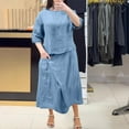 thumbnail image 2 of NaWent Cotton Linen Skirt 2 Piece Set Women's Summer Solid Round Neck 3/4 Sleeve Tops Skirt Suit Light Blue XL, 2 of 6