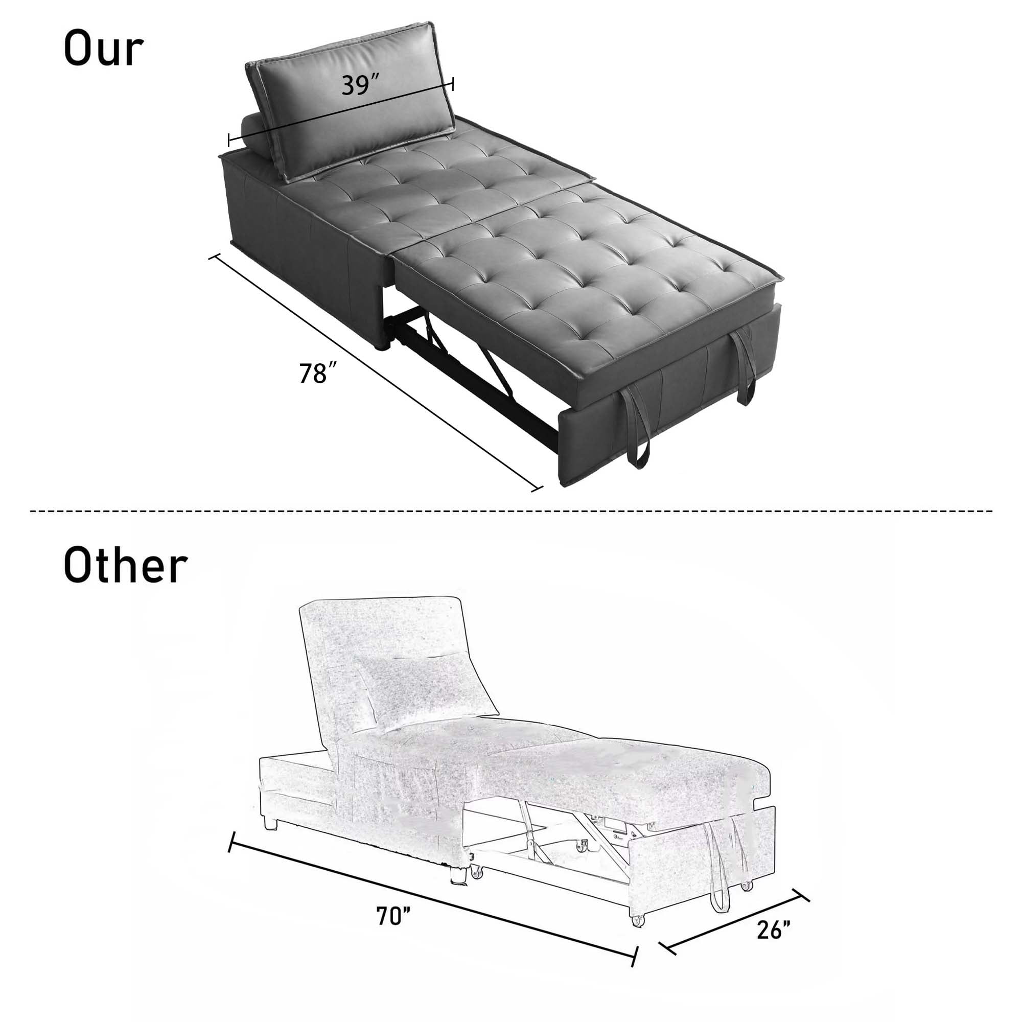 Aukfa 78" Chaise Futon Oversized Pull Out Sleeper Chair Bed for Home Office, Leather, Gray