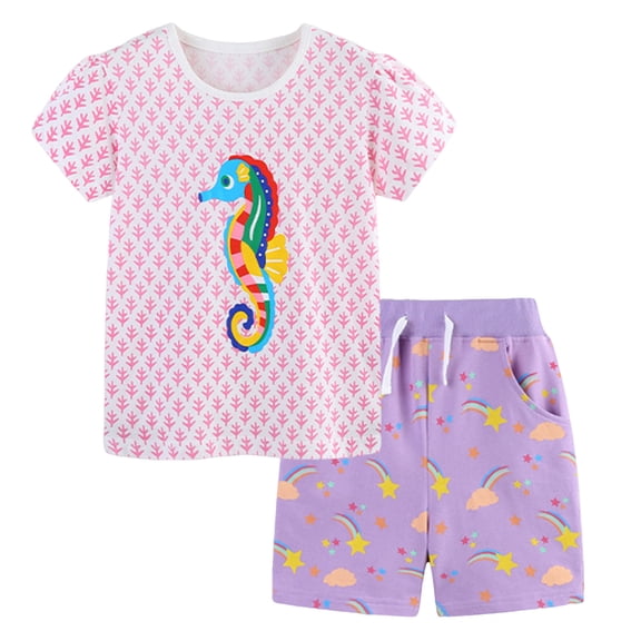WUANDIXFA Pajama Sets for Girls Kids Pjs Summer Cotton Short Sleeve Sleepwear (Pink, 6-7 Years)