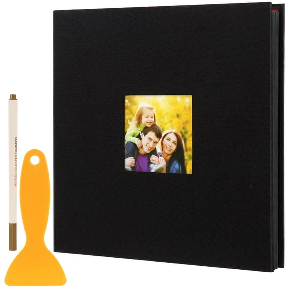 Photo Album Self Adhesive 60 Pages, 11x10.6" DIY Scrapbook Album with Scraper and Metallic Pen, Black Linen Cover with Picture Display Window, Photo Albums for 4x6 5x7 8x10 Pictures for Gift