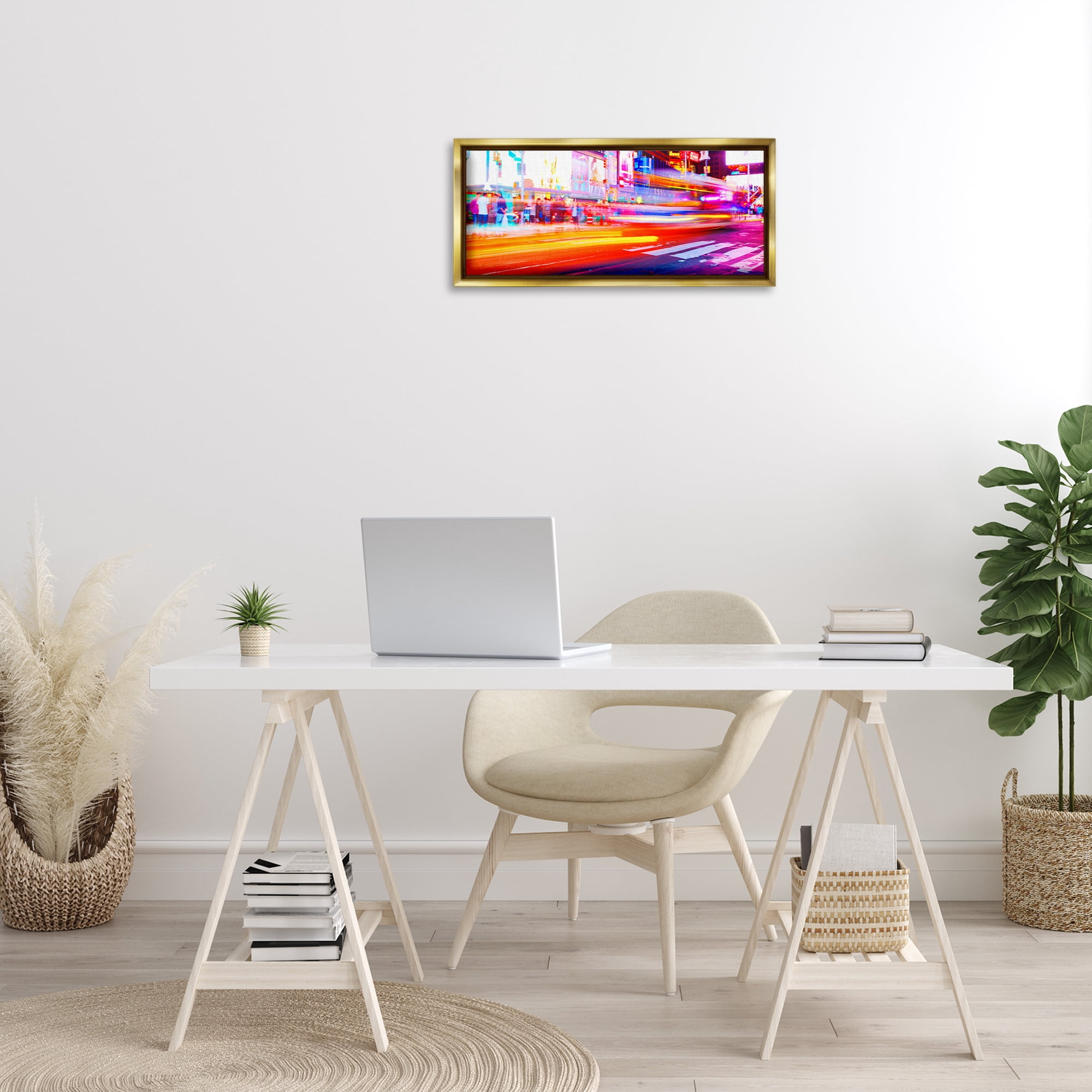 Stupell Industries Light Streaked Cityscape Scenery Photography Gold Floater Framed Art Print Wall Art, 25 x 11